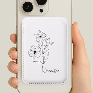 Cartera Magsafe para iPhone con diseño de flor de nacimiento para mujer, tarjetero magnético para teléfono, regalo personalizado para mamá, regalo minimalista personalizado con flores para el mes.