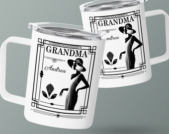 Personalized Grandma Travel Mug, Elegant Woman Silhouette, Custom Name Coffee Cup, Gift for Grandma, Art Deco Design, Insulated Drinkware