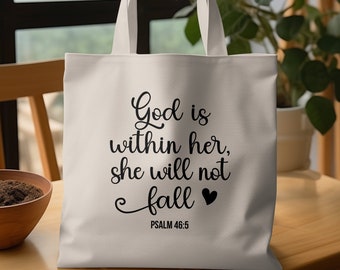 Bolsa de mano de cita inspiradora, Dios está dentro de ella Ella no caerá Salmo 46:5, Carryall basado en la fe, Bolsa de Escritura cristiana, Mujeres idea de regalo