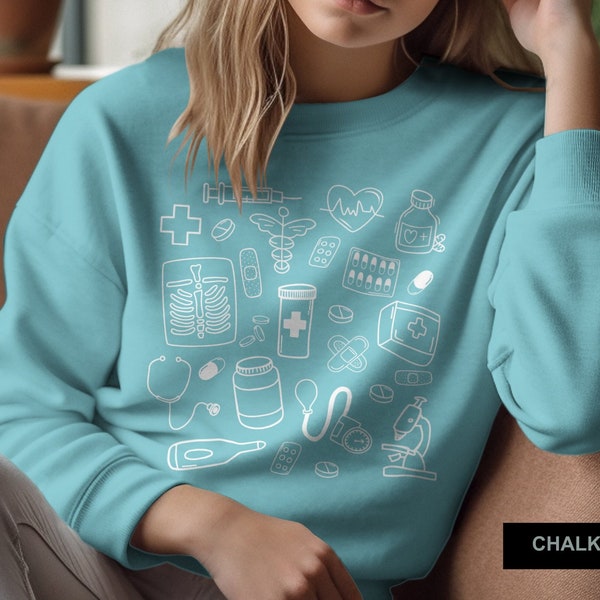 Medizinisch Gekritzel Sweatshirt für Krankenschwester Assistent Langarm Sweatshirt Arzt Assistent Crewneck Nursing Studenten Geschenk RN ER Doktor Geschenk