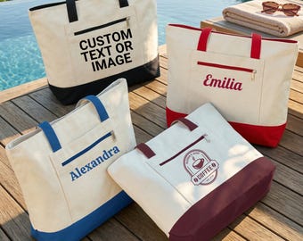 Bolsa de lona con cremallera, texto personalizado de logotipo, regalo de graduación, bolsa de viaje para la playa, regalo para damas de honor.