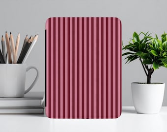 Funda para Kindle con rayas verticales burdeos y rosas, cubierta para lector electrónico Paperwhite, estética elegante, accesorio personalizado para lectores, moderno estampado de rayas.