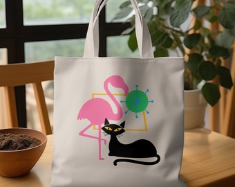 Flamingo and Cat Art Tote Bag, Stylish Quirky Animal Print, Eco-Friendly Reusable Shopping Bag, Unique Gift