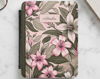 Funda personalizada rosa con estampado floral para Kindle, funda para Paperwhite de 7 pulgadas, funda para Kindle con estética botánica tropical, regalo personalizado para lectoras.