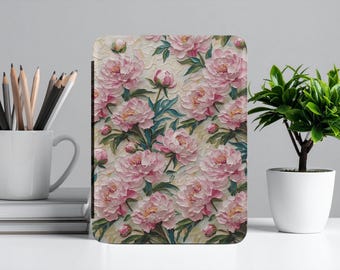 Funda personalizada para Kindle con efecto vidriera de peonía rosa y agarre, cubierta floral para lector electrónico, accesorio personalizado para Paperwhite, regalo para amantes de los libros.