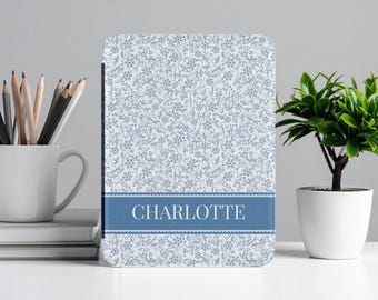 Toile Blue Floral Kindle Paperwhite Case Personalized Cover E-Reader Protector Sleeve (7 in) with Hand Strap Customised Book Lover Gift Idea
