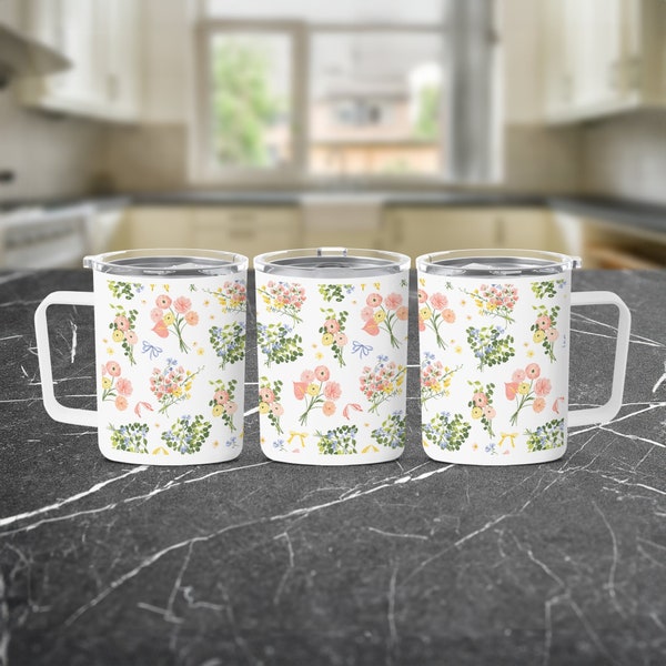 Floral Travel Mug, Spring Blossoms Insulated Coffee Cup, Aesthetic Botanical Tumbler, Gift for Her, Spill Resistant Tumbler, Flower Theme