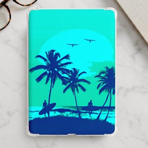 May include: A rectangular tablet case featuring a vibrant turquoise and blue graphic print of a beach scene. The design displays silhouettes of three palm trees, two surfers holding surfboards, and two birds flying against a large circular sun.