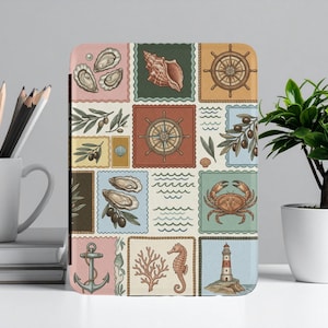 Nautical Kindle Case with Hand Grip, Coastal Aesthetic Paperwhite 7" e-Reader Cover, Custom Beach Lover Bookish Accessory, Personalized
