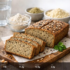 May include: A rectangular loaf of seeded bread with three slices cut from it, topped with black and white sesame seeds. The bread has a light brown, textured crumb. Text at the bottom reads: KCAL 116, PROTEIN 11.4g, CARBS 12.9g, FAT 2.2g.
