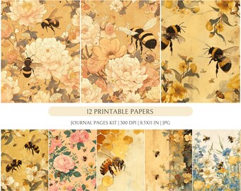 Junk Journal Watercolor Bee Garden, Journal Ephemera, Collage Sheets, Scrapbook Supplies, Printable Kit, Vintage, Bee, Digital Download