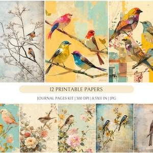 Antique Animal Pages, Spring Flower Ephemera, Vintage Bird Junk Journal Pages, Digital Floral Scrapbook Paper Kit, Printable Collage Sheet