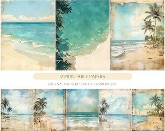 May include: A collection of 12 printable journal pages featuring vintage beach scenes. The artwork showcases watercolor illustrations of sandy beaches, turquoise waters, palm trees, and cloudy skies. The text on the image reads "12 PRINTABLE PAPERS JOURNAL PAGES KIT | 300 DPI | 8.5X11 IN | JPG".