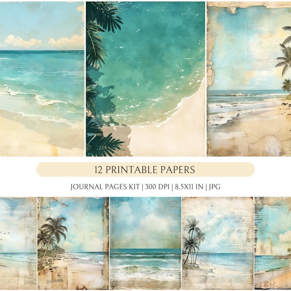 Digital Summer Beach Papers, Coastal Theme Handmade Digis, Ocean Junk Journal Kit, Ephemera, Envelopes, Pockets