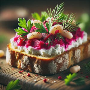 Puede incluir: Primer plano de una rebanada de pan tostado cubierta con queso blanco, crema de remolacha rosa vibrante y judías blancas. Adornado con hierbas verdes frescas y granos de pimienta roja, el plato apetitoso está sobre una tabla de madera.