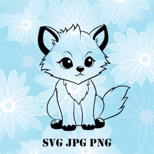 Könnte beinhalten: Eine Schwarzweiß-Zeichnung eines Cartoon-Fuchses mit großen Augen und einem buschigen Schwanz. Der Fuchs sitzt auf einem hellblauen Hintergrund mit weißen Blumen.