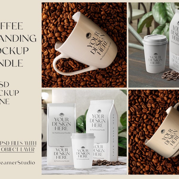 Coffee Packaging Mockup Bundle, Coffee Cup Mockup, Coffee Mug Mockup, Cafe Branding Mockup PSD, Gusset Coffee Packaging, Coffee Pouch Mockup