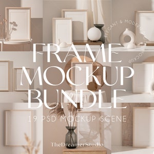 Könnte beinhalten: Ein Set mit 19 Foto-Rahmen-Mockups im minimalistischen Stil. Die Rahmen sind auf Regalen und Tischen mit verschiedenen Dekorationselementen wie Trockenblumen, Vasen und Skulpturen angeordnet. Die Mockups eignen sich perfekt zum Präsentieren von Kunstwerken, Fotografien oder anderen visuellen Inhalten.