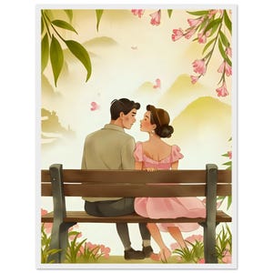 Poster retrò di una coppia innamorata – Sguardo tenero su una panchina vintage – Decorazione romantica e nostalgica