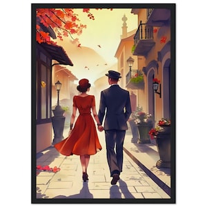 Poster vintage di coppia in città – Passeggiata retrò mano nella mano – Elegante poster nostalgico