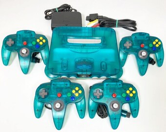 Nintendo 64 Clear Blue Console N64 Chose Original Controller Cables + 4 CONTROLLERS