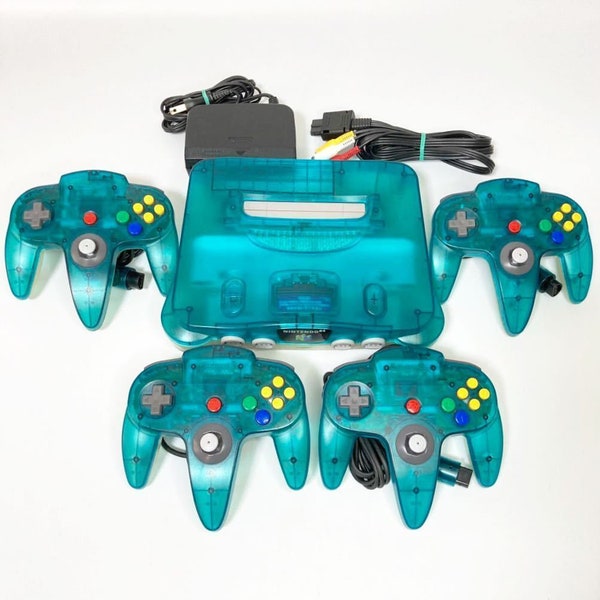 Nintendo 64 Clear Blue Konsole N64 Chose Original Controller Kabel + 4 Controller