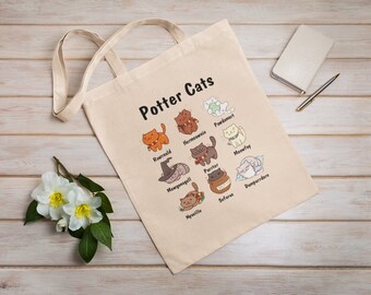 Potter Katze | Öko Tasche | Wiederverwendbar | Baumwoll-Canvas-Einkaufstasche | Nachhaltige Tasche | Perfektes Geschenk | Katzenliebhaber Geschenk | Ästhetisch