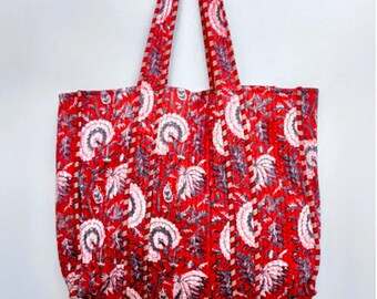 Floral Print Tote Bag, Cotton Quilted Bag, Women Shopping Bag, Large Market Bag, Indian Handmade Quilted Bag, Women Handbag, Boho Bag