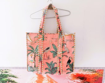 Jungle Printed Tote Bag, Women Cotton Bag, Handmade Quilted Tote Bag, Large Shopping Bag, Boho Market Bag, Beach Bag, Indian Tote Bag