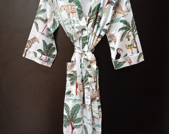 Jungle Print, Pure 100% Cotton Robe For Women, Bridesmaid Robe, Dressing Gown, Wedding Robe, Festival Robe, Holiday Robe, Beachwear Cover up