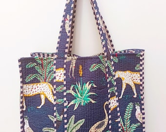 Dschungel-Print-Einkaufstasche, Baumwoll-Stepptasche, handgemachte Tasche, Boho-Tasche, Hippie-Einkaufstasche, große Einkaufstasche, Markttasche, Jhola-Tasche