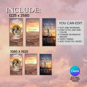May include: A digital template for a memorial service announcement. The template features a photo of a woman in a gold frame, a sunset background, and the text "In loving memory of our dearest grandmother, Amila Ullman". The text "You can edit: Text and wording, font style, size and color, change or remove images, video timing, add your fav. music" is also included.