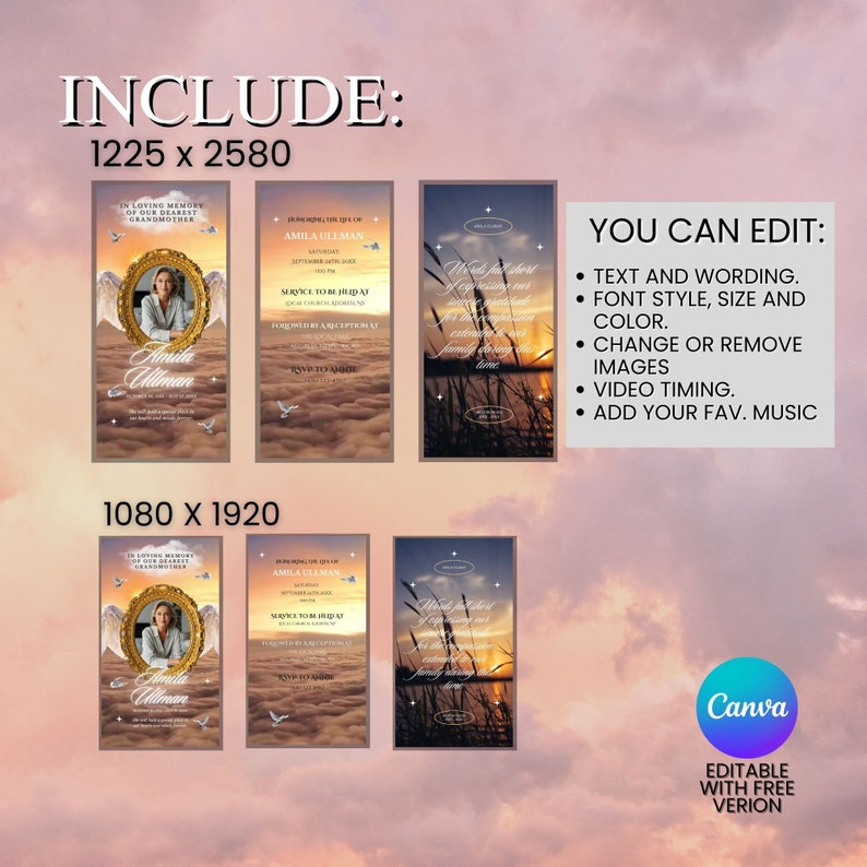 May include: A digital template for a memorial service announcement. The template features a photo of a woman in a gold frame, a sunset background, and the text "In loving memory of our dearest grandmother, Amila Ullman". The text "You can edit: Text and wording, font style, size and color, change or remove images, video timing, add your fav. music" is also included.