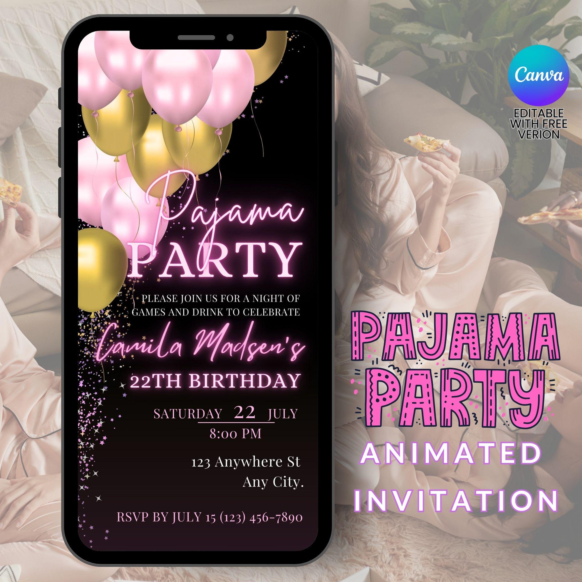 Pink Pajama Party Balloons Animated Invitation sleepover party Editable Evite Slumber Birthday Party Motion Invitation Template Canva