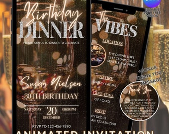 Gold Champagne Animated Birthday Dinner Celebrate Digital Invitation Template Editable Animated Birthday Party Motion Invitation Video Canva