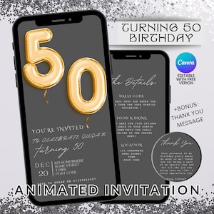 50th Birthday Party Gold Minimal Video Invitation Animated Fifty Elegant Evite Motion Invitation Birthday Party Invitation Editable canva