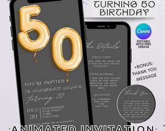 50th Birthday Party Gold Minimal Video Invitation Animated Fifty Elegant Evite Motion Invitation Birthday Party Invitation Editable canva