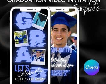 Convite em vídeo para formatura azul, convite digital para festa de formatura, anúncio animado para formatura, convite para festa de formatura no Canva, modelo editável