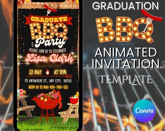 BBQ Graduation Animated Digital Invitation, Animated Grad Announcement, Grad Evite, Grad Party Invite, Canva Template, Motion Invitation
