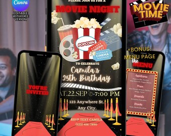 Premium Red Carpet Birthday Movie Night Animated Invitation chillout video invitation Dinner Movie Party Motion Invitation Template Canva