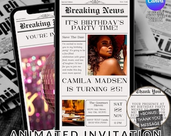 Braking News Birthday Party Newspaper Video Invitation Editable Animated Invitation Template Animated Birthday Party Motion Invitation Canva