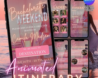 Bachelorette Weekend Animated Itinerary Travel Invite Pink Vacation Schedule Trip Editable Planner Template Motion Invitation Video Canva