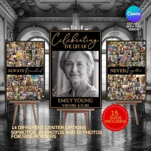 Conjunto de placas de colagem de fotos de funeral em ouro preto, modelo editável para cerimônia memorial, pôster de funeral, placa de celebração da vida, exibição de fotos