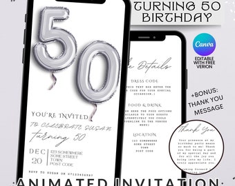 50th Birthday Party Minimal Video Invitation, Animated Fifty Elegant Evite, Motion Invitation, Birthday Party Invitation, Editable canva