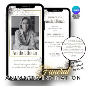 Invitation animée pour les funérailles, vidéo électronique blanche et fleurs, modèle d'invitation numérique modifiable pour les funérailles, faire-part pour les funérailles Canva