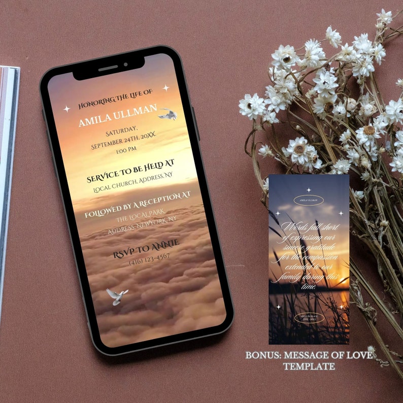May include: A digital memorial invitation with a sunset sky background. The invitation reads "Honoring the life of Amila Ullman" with a date and time for a service and reception. The invitation also includes a phone number for RSVP.