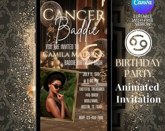 Cancer Baddie Zodiac Digital Birthday Celebrate Invitation Template Editable Animated Birthday Dinner Party Motion Invitation Video Canva