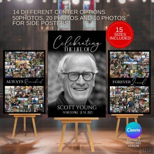 Black Funeral Photo Collage Sign Set for Memorial Service Editable Canva Template Funeral Poster Board Celebration of Life Picture Display