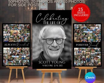 Könnte beinhalten: Ein Gedenkposterset mit einem zentralen Porträt und zwei Fotocollagen. Das zentrale Poster lautet "Celebrating the Life of Scott Young" mit Daten. Die Seitenposter sagen "Always Remembered" und "Forever Loved". Das Bild enthält Text über Optionen und Größen.