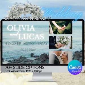 Könnte beinhalten: Ein Computermonitor zeigt eine Hochzeit-Diashow-Vorlage. Die Vorlage zeigt die Namen "Olivia und Lucas" mit dem Text "Forever Begins Today". Zusätzlicher Text lautet "70+ Slide Options" und "16:9 Widescreen / 1920 x 1080px."